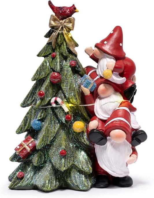 Hodao Christmas Tree Figurine Decorations — Lighted Hand-Painted Resin Gnomes Climbing with Cardinal, Tabletop Decor for Family or Friends | Mantel, Shelf, Living Room Display