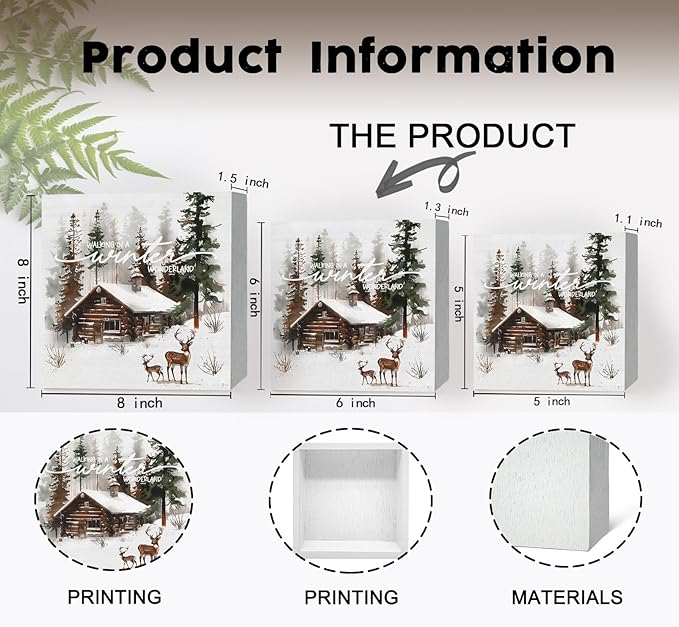 Winter Sign, Winter Christmas Reindeer Wooden Box Sign, Farmhouse Xmas Decorations, Wonderland Decorations, Christmas Wood Signs for Home Office Desk Table Shelf Decor, 6x6 Inch