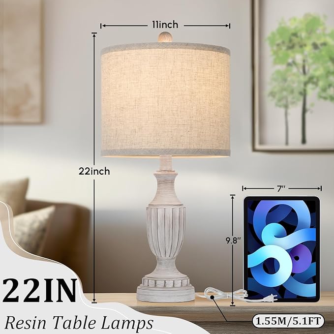 TOBUSA Farmhouse Living Room Table Lamps Set of 2, Grey Rustic Vintage Table Lamps for Bedroom Nightstand, Antique Bedside Desk Lamps with Linen Shade, 22’’ Traditional Resin Lamp Sets for End Table