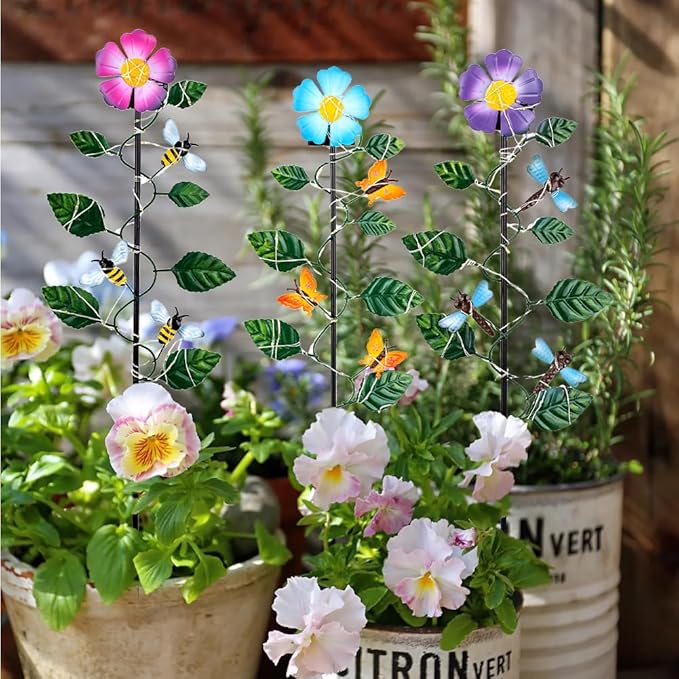 Set of 3 Solar Garden Lights,23'' H Flowers＆Insect Decorative Garden Stakes,Waterproof Metal Spring Yard Art Decor,Solar Stake Lights for Outside,Lawn,Yard,Patio