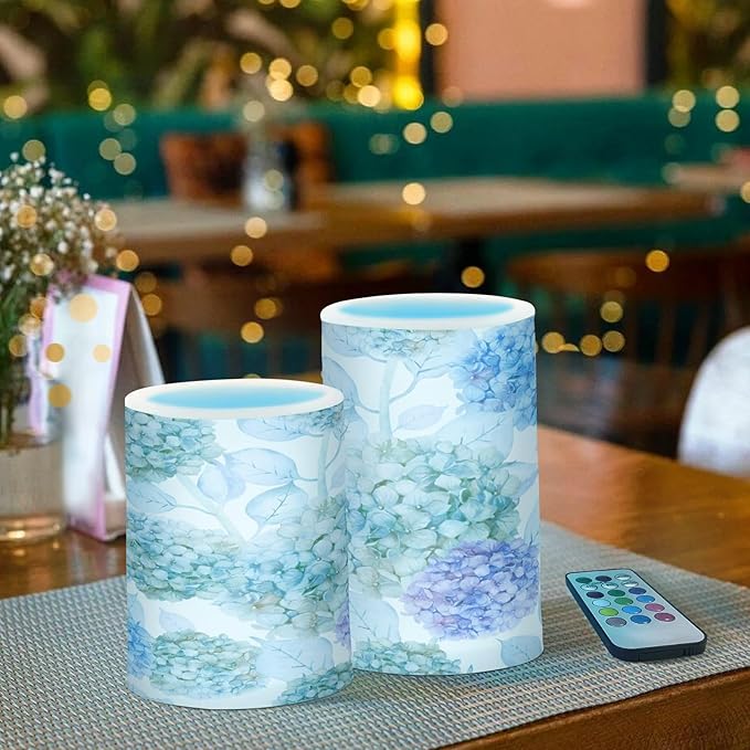 ALAZA Blue Purple Teal Green Hydrangea Flowers Flickering Flameless Candles Battery Operated with Remote Timer,Tea Light Candles LED Pillar Votive Candles Set of 2 for Outdoor Indoor Decorations
