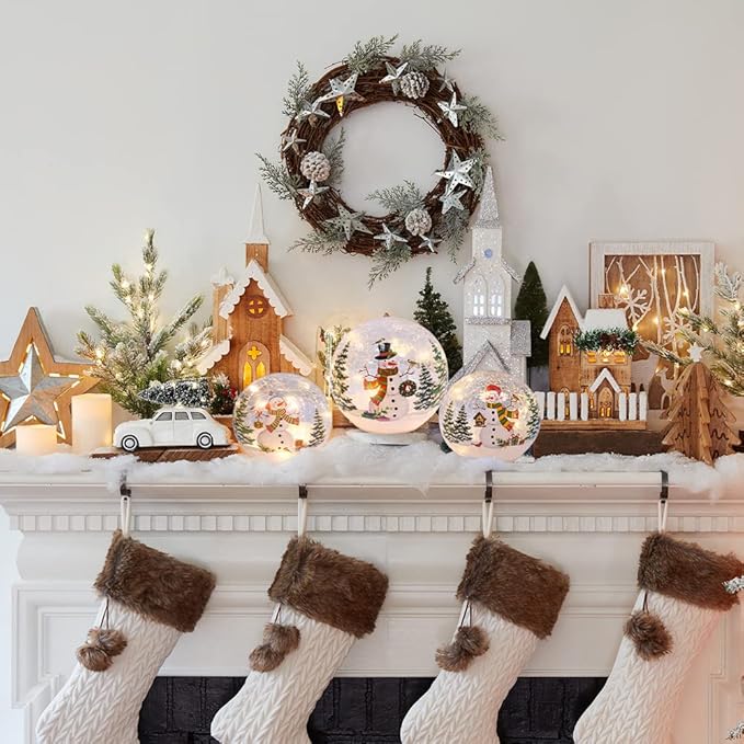 PHITRIC Christmas Decorations Indoor, 3 pcs Sparkling Snowman Globes with LED Lights and Timer, Tabletop Xmas Decor for Fireplace, Table, Home Decor Indoor