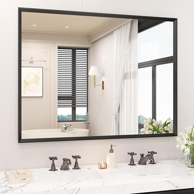 40x36 Inch Bathroom Mirror, Matte Black Framed Rectangle, 4MM Tempered Glass, Anti-Rust, Wall-Mounted Vanity Mirror for Bathroom & Bedroom - Hangs Horizontally or Vertically