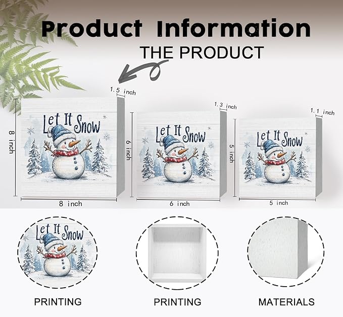 Let It Snow Sign, Christmas Snowman Wooden Box Sign, Farmhouse Winter Wood Signs For Home Office Desk Shelf Table Decor, Snowman Christmas Decorations, Winter Home Decor, 8x8 Inch