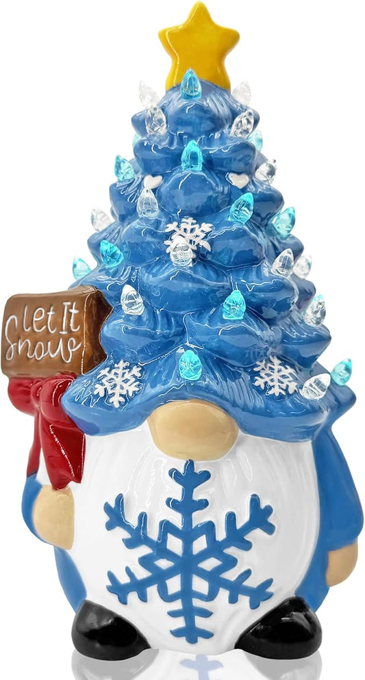 Winter Gnomes Ceramic Tree Decor, Blue Winter Decorations for Home Ceramic Tree with Light Up, Christmas Blue Gnome Lighted Figurines for Table Centerpieces Home Decor Indoor Outdoor Party