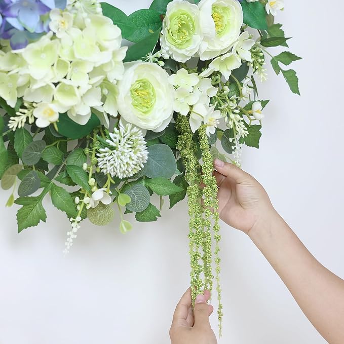 26" Hydrangea & Eucalyptus Wreath for Front Door, Porch, Window - Large Artificial Silk Flowers Outdoor Wreath for Home, Farmhouse, Wedding Decor - Spring, Summer, All Seasons (White&Purple)