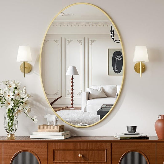 26"x38" Oval Bathroom Mirror with Gold Metal Frame - Oval Wall Mirror Hanging or Leaning Vertical or Horizontal for Bedroom, Living Room, Entryway