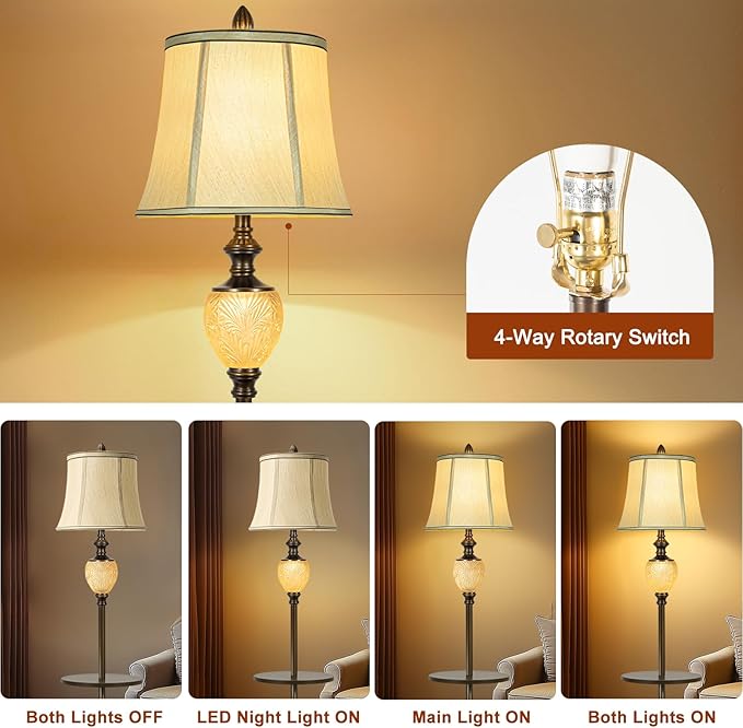 64" Vintage Floor Lamp for Living Room with Tray and Nightlight Farmhouse Tall Standing Lamp with Beige Faux Silk Shade Rustic Reading Lamp Decor for Bedroom Home Office Hotel Bar (Bulb Included)