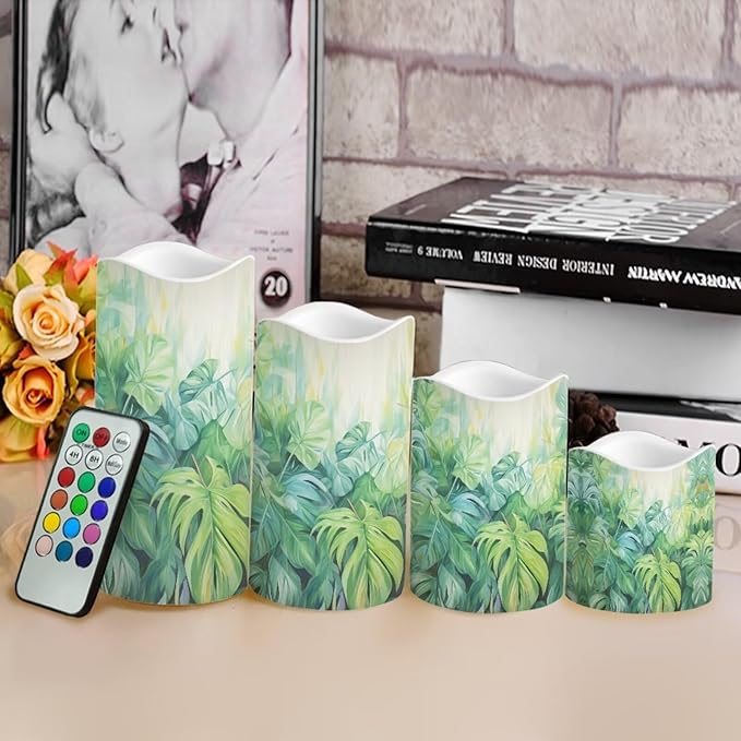 Ystardream Tropical Leaf Flameless Candles with Remote Battery Operated Candles Realistic LED Candles with Remote and Timer Set of 4 for Home Wedding Birthday Decorations