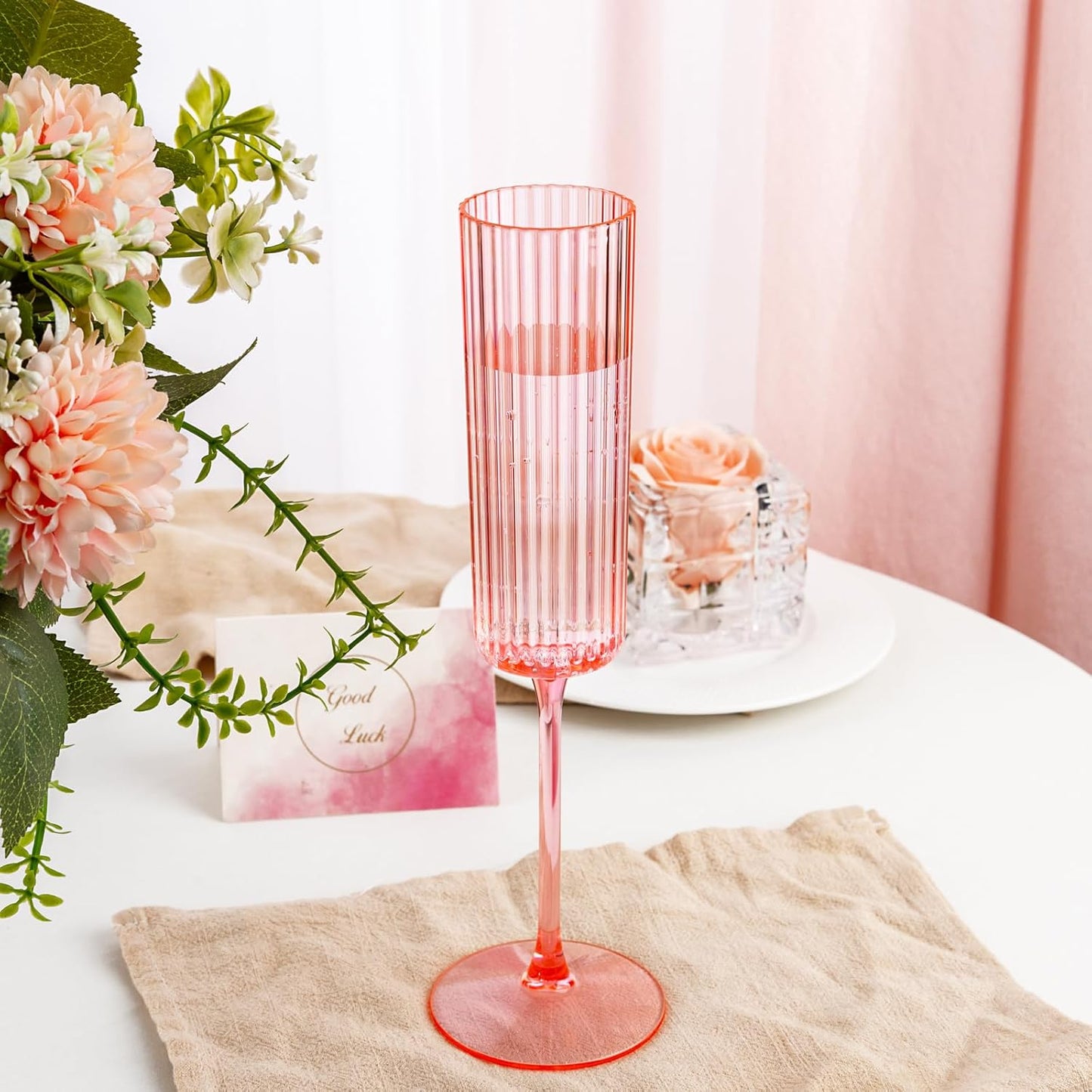 Ciaell 24 Pack Pink Plastic Champagne Flutes - 6oz Ribbed Disposable Champagne Glasses - Pink Vintage Mimosa Glasses with Long Stem, Elegant & Lightweight for Weddings and Party