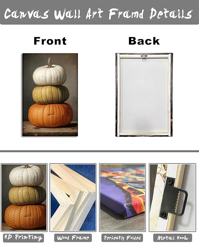 LYUNSHUO Pumpkin Wall Art Halloween Themed Canvas Wall Decor White Yellow Orange Pictures Farmhouse Autumn Harvest Posters Vintage Artwork for Modern Home Decor Frame - 16"x24"