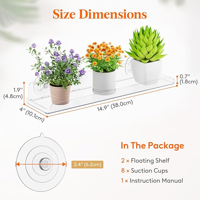 Lifewit Window Plant Floating Shelves 15 inch, 2 Pack Acrylic Suction Cup Shelf, Window Sill Extender for Indoor Succulent Plants, Micro Greens, Seed Starter Pots, Herb Planters