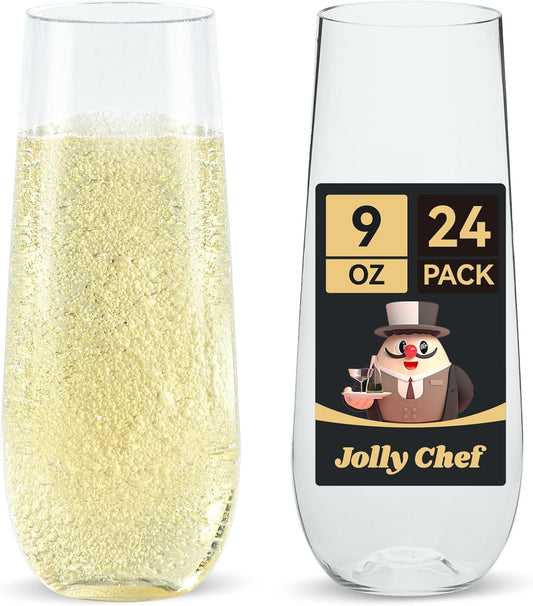 JOLLY CHEF 24 Pack Stemless Plastic Champagne Flutes 9 oz, Crystal Clear Stemless Plastic Toasting Glasses, Clear Disposable Unbreakable Drinkware Ideal for Wedding, Birthday, Party