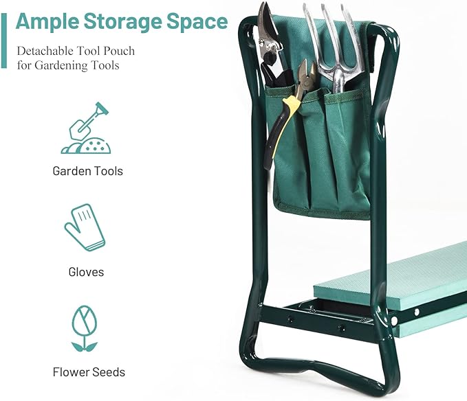 2-in-1 Garden Kneeler and Seat, Folding Garden Seat w/EVA Foam Kneeling Pad & Removable Tools Pouch, Sturdy Steel Frame, No Assembly, Portable Heavy Duty Garden Stool for Women Men Seniors