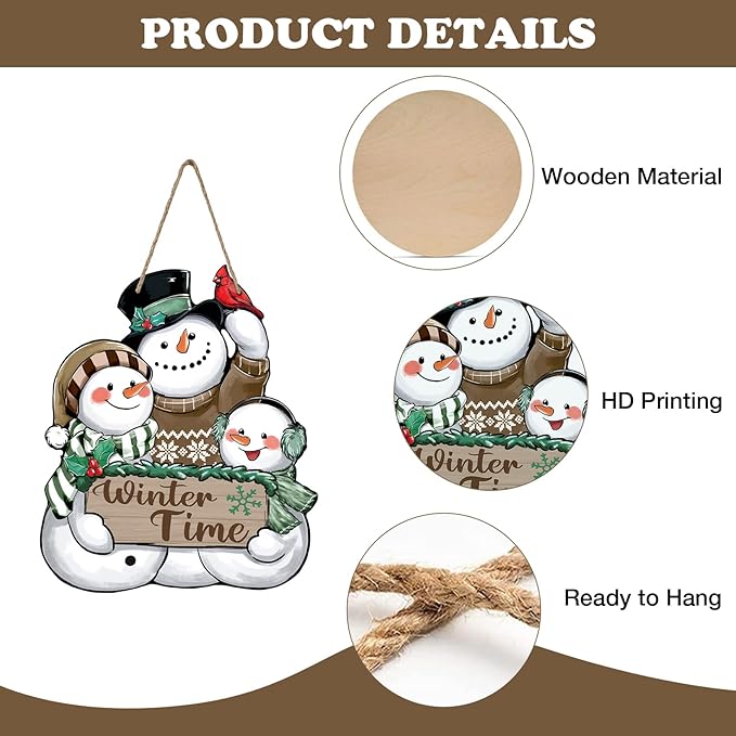 Winter Time Snowman Brown Front Door Sign, Cardinal Red Bird Wood Door Hanger Outdoor Outside Porch Decor, Christmas Seasonal Wooden Wreath Indoor Wall Hanging Decoration