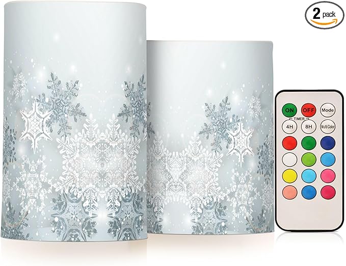 ALAZA Silver Winter Abstract Snowflakes Christmas Flickering Flameless Candles Battery Operated with Remote Timer,Tea Light Candles LED Pillar Votive Candles Set of 2 for Outdoor Indoor Decorations