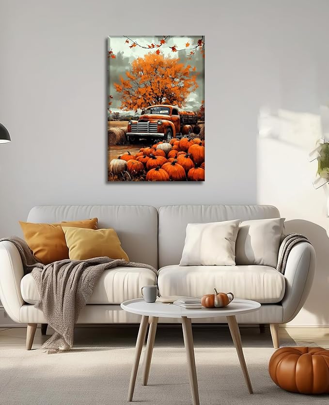 Autumn Wall Art Pumpkin Canvas Wall Decor Truck Picture Fall Harvest Painting Rustic Farmhouse Vintage Artwork for Living Room Bedroom Home Halloween Decor(Art-1,28.00"x42.00")