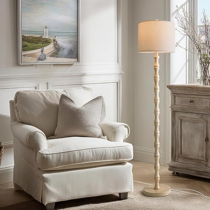 BOBOMOMO 62" Rustic Floor Lamp, Retro Farmhouse Standing Lamp with Rotary Switch, Resin Antique White Floor Lamp for Living Room, Bedroom, Corner, Dining Room, Nursery, Cozy Home Décor