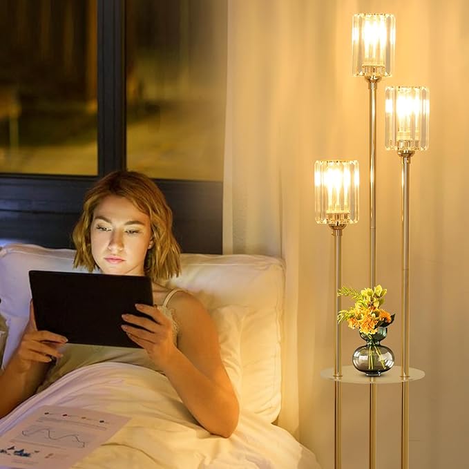 HMVPL Gold Floor Lamps for Living Room, Modern Floor Lamp with Shelves, Crystal Standing Lamps with Table, Brass Tall Lamp with Crystal Shade, On/Off Switch, Mid Century Corner Floor Lamp for Bedroom