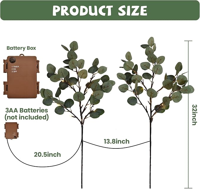 Lighted Eucalyptus Branches, 32 Inch Branches with 32 LED Lights, Battery Powered Eucalyptus Branches for Vases, Prelit Tree Braches for Home Wedding Indoor Outdoor Spring Decorations, Timer