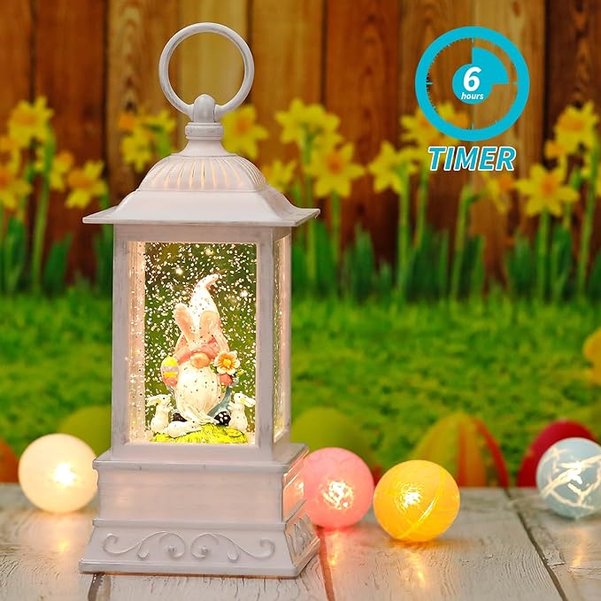 Easter Snow Globe With Bunny Gnome - Lighted Glitter Lantern for Home Decorations, Spring Decor and Gift