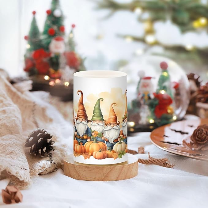 Thanksgiving Autumn Fall Gnomes Pumpkin Flickering Flameless Candles Battery Operated with Remote Timer,Tea Light Candles LED Pillar Votive Candles Set of 2 for Outdoor Indoor Decorations