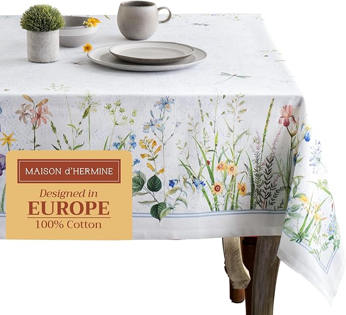 Maison d' Hermine Table Cloth Square Table 100% Cotton 54 x 54 Inches Tablecloth Reusable Decorative for Dining Room, Farmhouse, Home, Party, Festive & Wedding Spring Summer - Fleurs De Mai
