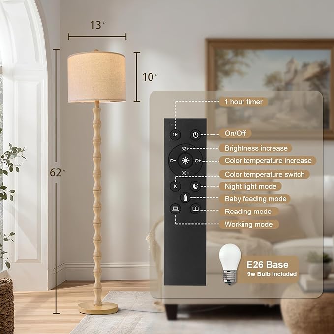 BOBOMOMO 62" Rustic Farmhouse Floor Lamp with Remote & Dimmable 9W Bulb, 3 Color Temperatures Resin Standing Lamp, Retro Corner Tall Lamp for Living Room, Bedroom, Nursery, Office, Reading Nock
