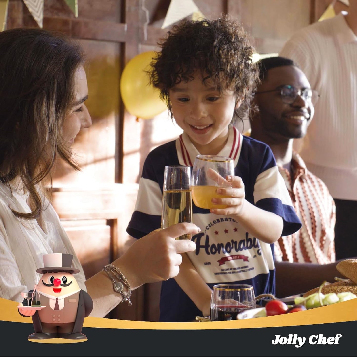 JOLLY CHEF 24 Pack Stemless Plastic Champagne Flutes Disposable 9 Oz Gold Rim Clear Plastic Toasting Glasses Shatterproof Recyclable