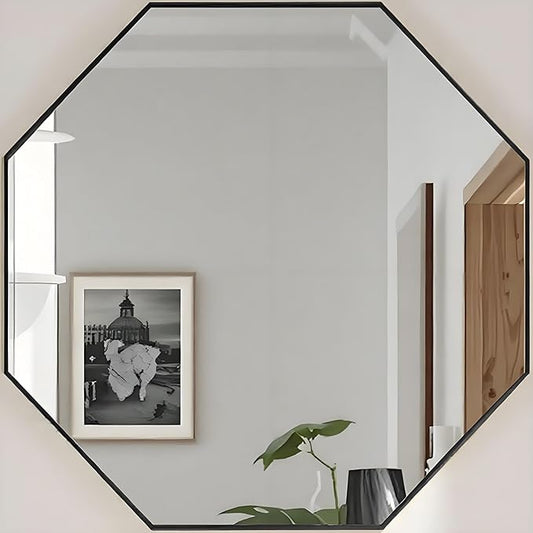 31" Wall Mounted Octagon Mirror, Bathroom Mirrors for Over Sink, Glassless Adhesive Decorative Mirror for Bathroom Entryway Vanity Living Room Dining Room Bedroom, Black