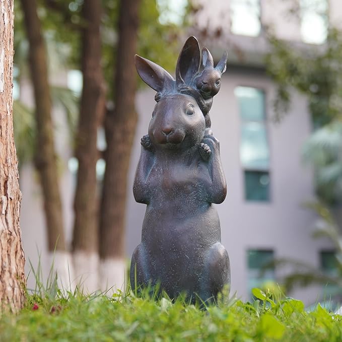 Rabbit Garden Statues Bunny Decorations - Easter Bunny Father with Baby Figurine Easter Gift Dark Gray Garden Spring Bunny Sulpture for Yard Framhouse Outdoor Décor 7*5.25*15.25 in Newman House Studio