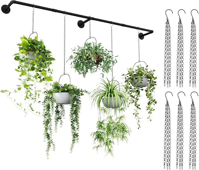 Plant Hanger Indoor with 6 Hanging Chains Hanging Planters for Indoor Plants Hanging Plant Holder Window Plant Rod Black Metal Shelves(73 Inch Pot not Included