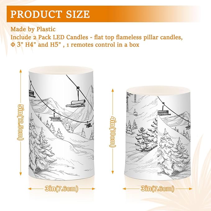 ALAZA Mountain Ski Lift Sketch Flickering Flameless Candles Battery Operated with Remote Timer,Tea Light Candles LED Pillar Votive Candles Set of 2 for Outdoor Indoor Decorations