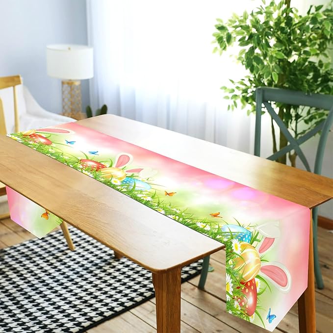 ALAZA Double-Sided Spring Pink Background with Rabbit and Easter Eggs Table Runner 18x72 Inches Long,Table Cloth Runner for Wedding Birthday Party Kitchen Dining Home Everyday Decor