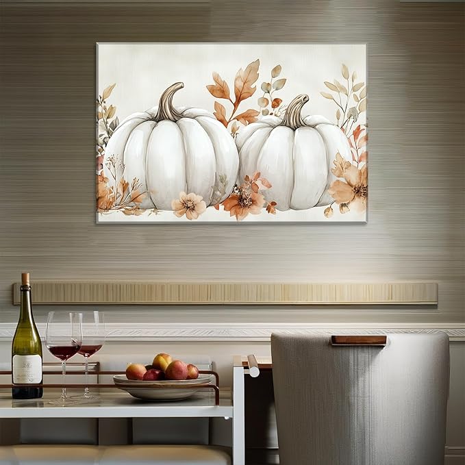Fall Canvas Wall Art White Pumpkin Picture Wall Decor Maple Leaf Prints Autumn Harvest Thanksgiving Vintage Painting for Home Decor Framed(Picture-2,20.00"x30.00")