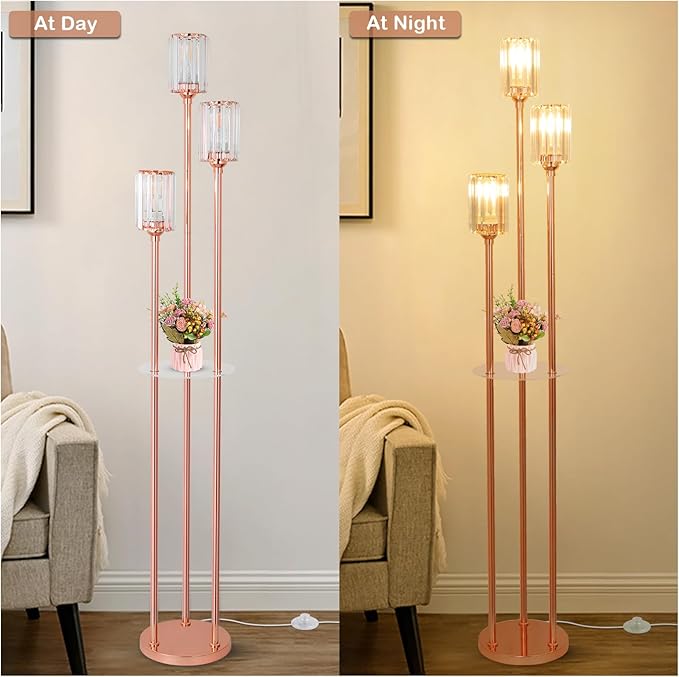 HMVPL Pink Floor Lamp for Living Room, Crystal Floor Lamp with Shelves, Girls Standing Lamp with Table, Modern Corner Lamp with On/Off Switch, Unique Tall Lamp for Bedroom Nursery Office