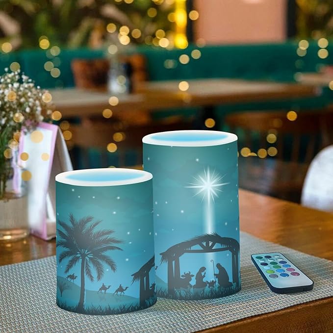 ALAZA Christmas Scene of The Nativity Flickering Flameless Candles Battery Operated with Remote Timer,Tea Light Candles LED Pillar Votive Candles Set of 2 for Outdoor Indoor Decorations