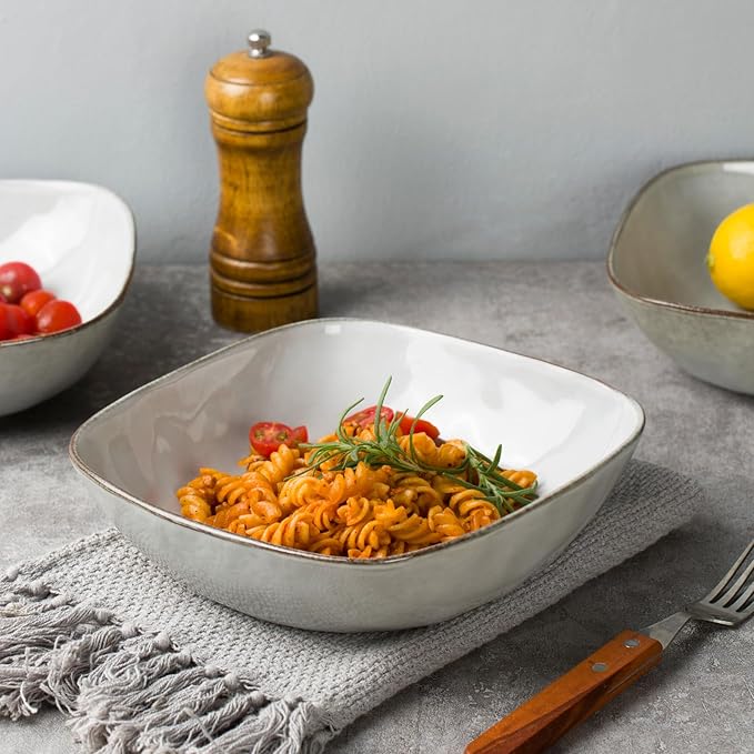 famiware Large Pasta Bowls Set of 4, Ocean Square 8" Bowls, Pasta Serving Bowl Large Dinner Bowls, Kitchen Bowl Set, Microwave and Dishwasher Safe, Scratch Resistant, Grey