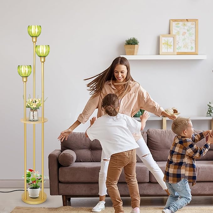HMVPL MVPL Crystal Floor Lamp with Shelves,Floor Lamps for Living Room (Gold-Green Flower Shade, Glass)
