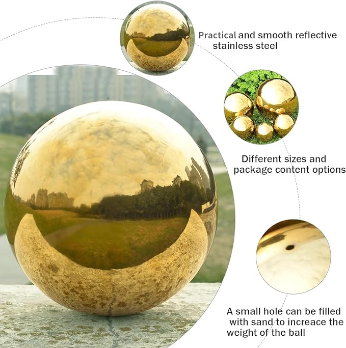 Nerien Gazing Ball, Stainless Steel Garden Mirror Globe, Polished Ornament Sphere, Hollow Floating Reflective Hemisphere, for Home Outdoor Pond Housewarming Swimming Pool Decoration, Gold, 5Pcs Mix
