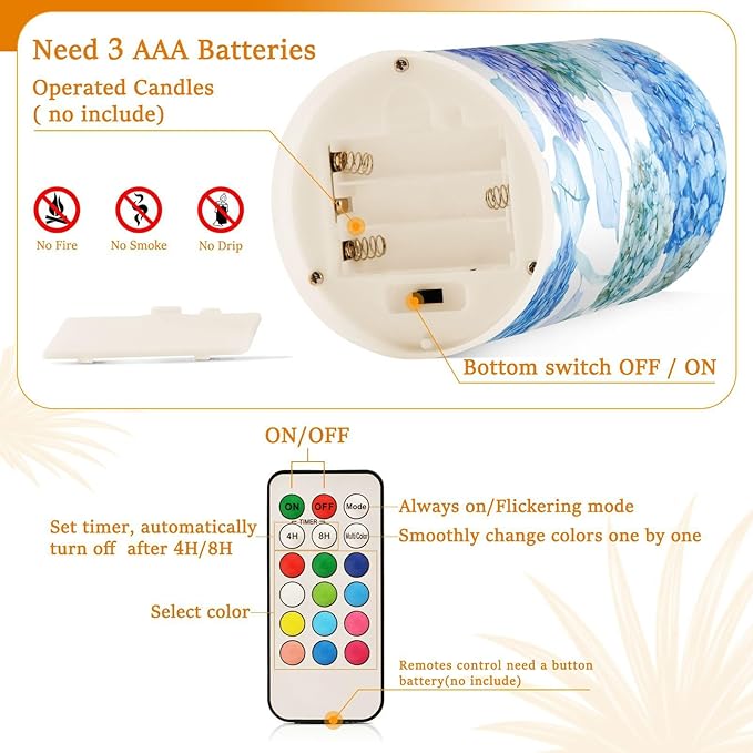 ALAZA Blue Purple Teal Green Hydrangea Flowers Flickering Flameless Candles Battery Operated with Remote Timer,Tea Light Candles LED Pillar Votive Candles Set of 2 for Outdoor Indoor Decorations