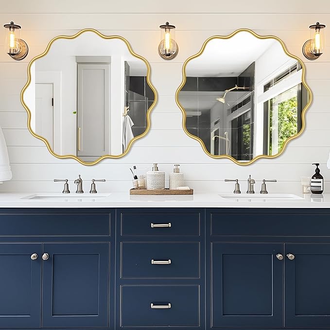 PROHOMEWARE Gold Round Mirror 36 Inch Wavy Bathroom Vanity Mirror Gold Frame Modern Wall Mirror Decorative Wall-Mounte Anti-Rust, Tempered Glass