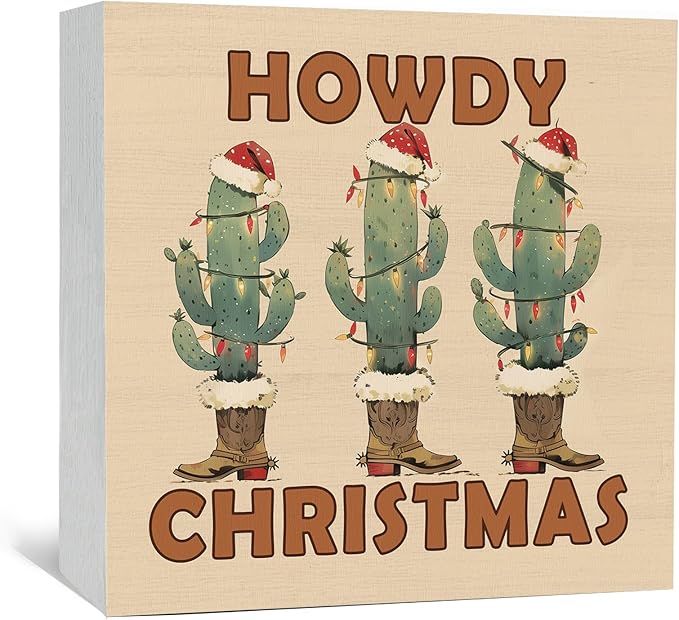 Howdy Christmas Western Cactus Cowgirl Boots Wooden Box Sign, Country Christmas Wood Signs For Home Office Desk Shelf Table Decor, Western Decorations, 8x8 Inch