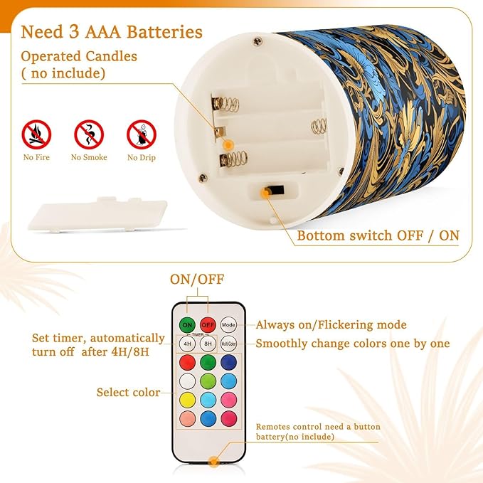 ALAZA Gold Navy Blue Floral01 Flickering Flameless Candles Battery Operated with Remote Timer,Tea Light Candles LED Pillar Votive Candles Set of 2 for Outdoor Indoor Decorations