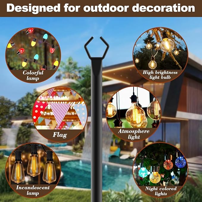 10Ft String Light Poles 2 Pack,Light Poles for Outside Lights,Outdoor with Fence Brackets Hanging Lights,Metal Stand Deck Patio Backyard