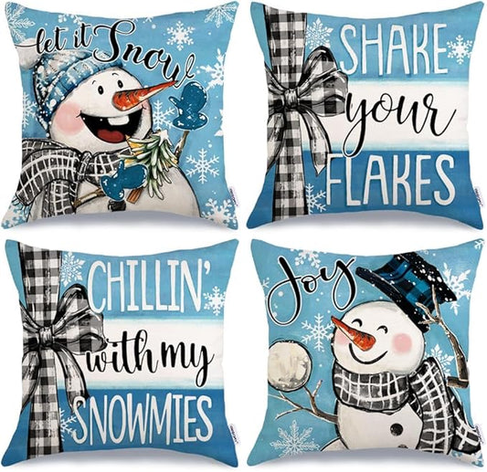 GEEORY Winter Chillin' with My Snowmies Throw Pillow Covers 18x18 Inch Set of 4, Snowmen Let it Snow Shake Your Flakes Blue Holiday Farmhouse Decorative Cushion Cases for Home Decoration G640-18
