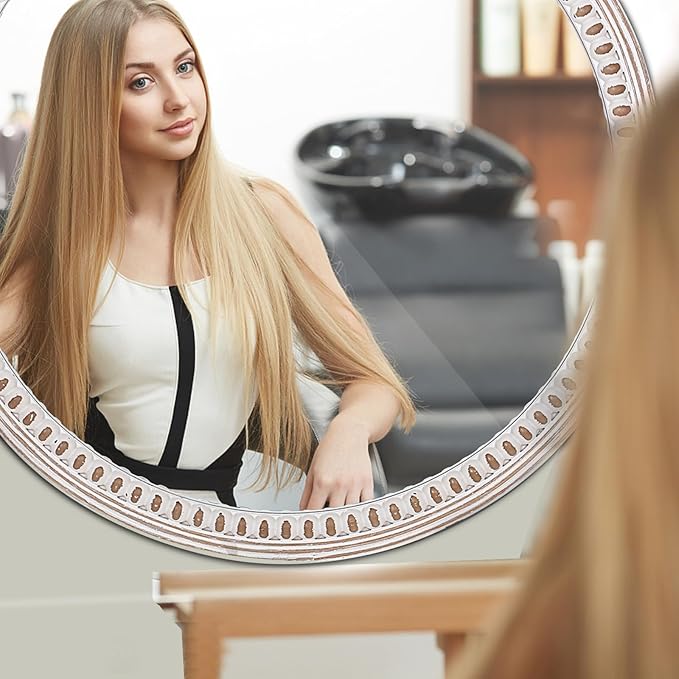 24 inches Decorative Round Wood Mirror with Bead, Rustic Farmhouse Circle Mirrors for Wall Decor, Living Room, Entryway, Bathroom Over Sink