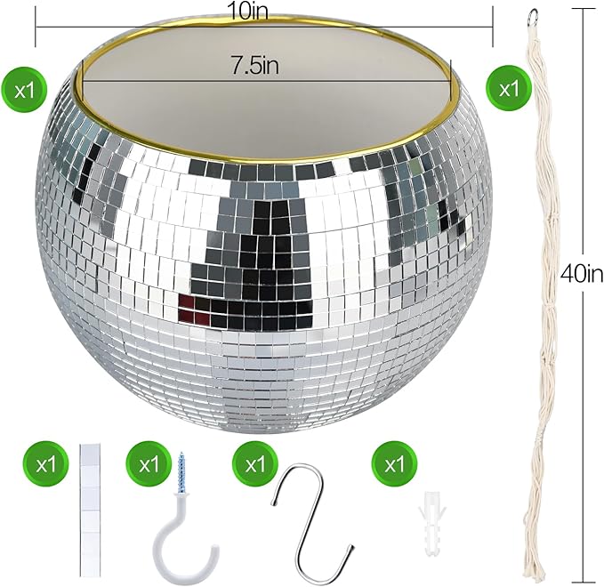Disco Ball Planter, 1pcs 10” Silver Disco Ball Planter, Disco Ball Plant Hanger with Hanging Rope, Hanging Chain, Hook, Circle and Extra Mirror Pieces(10" Silver, 1pcs)