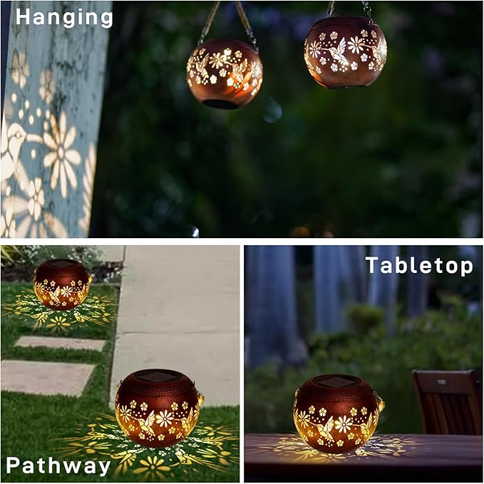 Starsoul 2 Pack Solar Lanterns Waterproof Outdoor, Hummingbird Hollow Out Decoractive Hanging Solar Lantern Lights for Outside Garden Yard Porch Tabletop Patio Decor, Gardening Gifts for Women Mom