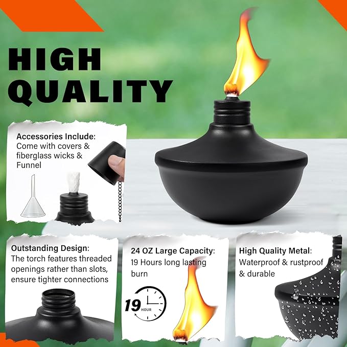 8-Pack Upgraded Tabletop Torches, 24 oz Citronella Torch Lights, Refillable Torch with Wicks, Covers, and Funnel Included - Ideal for Garden, Patio, Deck, Yard, Party, Landscape